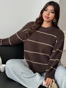 Dazy Plus Suéter solto listrado com blocos de cores contrastantes, tamanho grande feminino, outono/inverno - Castanho - Ver 7