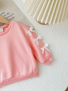 Babygirl Cute Versatile Pink Bow Long Sleeve Sweatshirt, Autumn/Winter Fall - Pink - View 5