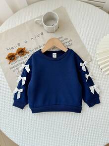 SHEIN Babygirl 可爱百搭海军蓝蝴蝶结长袖卫衣，秋冬 - 藏蓝色 - 查看 6