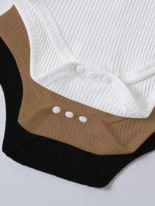 SHEIN Vintaside Kids 3件組嬰兒夏季休閒套裝 背心連身衣 柔軟棉質面料 棕色系 白色 黑色 混色灰 基礎款 親子穿搭 - 彩色 - 查看 7