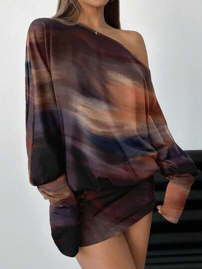 Aloruh Sexy Bodycon Mini Dress With Tie-Dye Shoulder Cutout And Allover Print, Brown Textured Mini Dress For Fall, Vintage Distressed Look Dress, Suitable For Parties, Music Festivals, Club Gatherings