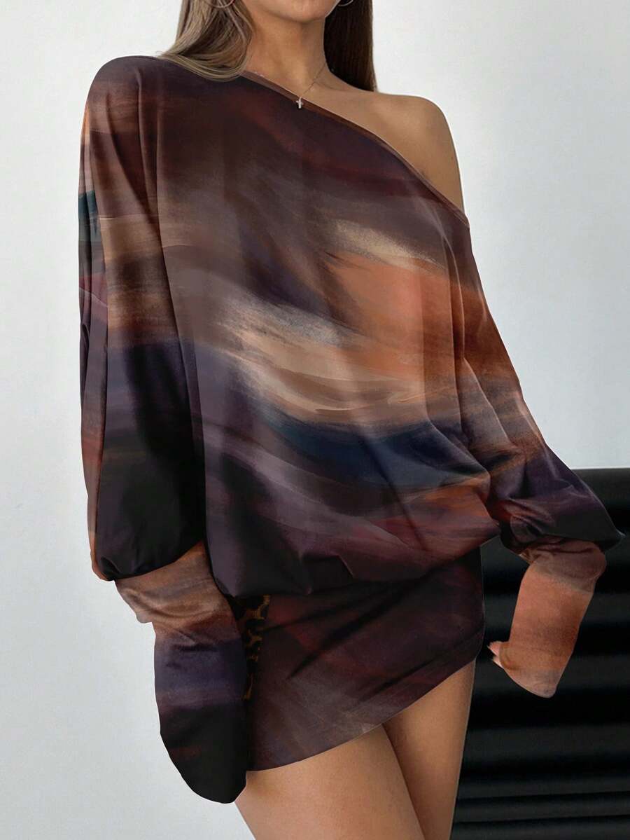 Aloruh 性感紧身迷你连衣裙，扎染肩部镂空和全身印花，棕色纹理迷你连衣裙，适合秋季穿着，复古做旧风格连衣裙，适合派对、音乐节、俱乐部聚会 - 彩色 - 查看 1