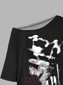 SHEIN EZwear Letter Graphic Asymmetrical Hem Tee Y2k - Multicolor - View 5