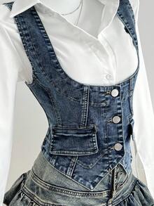 Elamini 女式时尚复古修身牛仔背心 - 藍色 - 查看 3