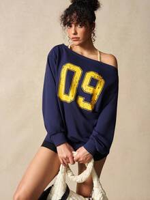 VARSIVA 女式露肩宽松长袖休闲百搭数字图案运动衫 - 藏蓝色 - 查看 6
