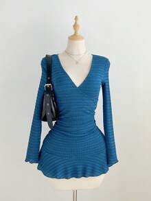 asdElamini 1 pieza Vestido mini para mujer, cuello en V azul con jacquard, cintura plisada con volantes en el bajo, estilo casual, de oficina, vintage, para otoño/inviernoasd SVPZ - Azul marino - Ver 4