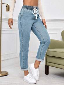 SHEIN Essnce Casual Washed Drawstring Waist Tapered Jeans Thickened Denim