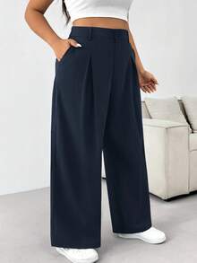 SHEIN EZwear 大码休闲百搭纯色西装裤 - 藍色 - 查看 5