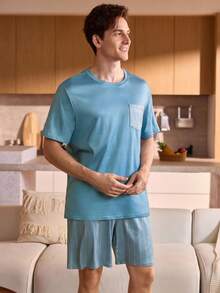 Men's Round Neck Striped Short Sleeve Casual Pajama Set, Summer - Multicolor - View 4