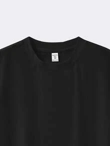 SHEIN 青少年男童纯色休闲百搭舒适圆领短袖 T 恤，适合通勤、上学、日常休闲、度假、运动、春夏季 - 黑色 - 查看 4