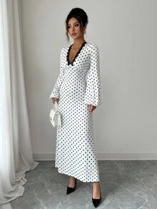 INAWLY Vestido feminino de manga comprida com decote em V e bolinhas, ideal para férias, encontros e passeios, outono/inverno - Branco - Ver 5