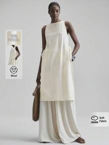 Ontre Áo midi cổ tròn không tay bằng vải lanh pha len dành cho nữ, xẻ cao, dáng rộng, thời trang, thích hợp mặc vào mùa xuân/hè, mặc hàng ngày, màu mơ - Màu be - Xem 2