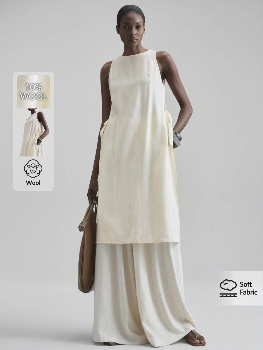 Ontre Áo midi cổ tròn không tay bằng vải lanh pha len dành cho nữ, xẻ cao, dáng rộng, thời trang, thích hợp mặc vào mùa xuân/hè, mặc hàng ngày, màu mơ