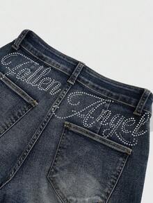 ROMWE Grunge Punk Spring/Summer Carnival Party Casual Y2K Vintage Punk Music Festival Sexy Low-Waist Distressed Rhinestone Decor Women's Low Waist Denim Shorts - Blue - View 4