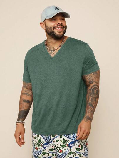 EASEVO Camiseta de manga corta negra de cuello en V, ajustada y elástica, para hombre de talla grande, adecuada para el verano