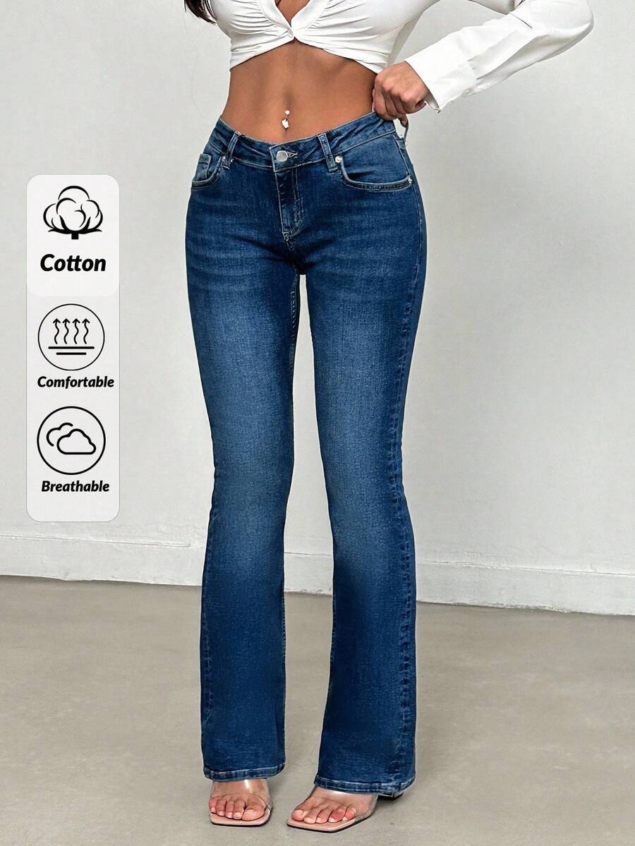 EURMUSE Women's Dark Washed Petite Flare Jeans, Casual & Versatile Flare Jeans Women Low Rise Jeans Y2k Bootcut Women Jeans - Dark Wash - View 1