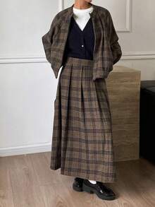 DAZY Women's Casual Vintage Plaid Loose Stand Collar Long Sleeve Jacket & Pleated Skirt Woolen 2-Piece Set, Autumn/Winter - Grey - View 6