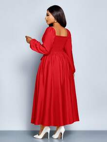 SOLERSUN 女式加大码法式纯色方领长袖前褶皱荷叶边下摆 A 字休闲优雅连衣裙，春夏新款女装 - 紅色 - 查看 3