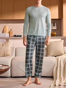 Manfinity Underwear&Sleepwear Basics Teen Boy Solid Color Long Sleeve Top And Plaid Pants Pajama Set, Autumn - Mint Blue - View 3