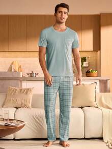 Manfinity Underwear&Sleepwear Basics Men's Pocket Crew Neck Short Sleeve Top And Plaid Pants Pajama Set Men Lounge Set Men Pjs Set - Mint Green - View 3