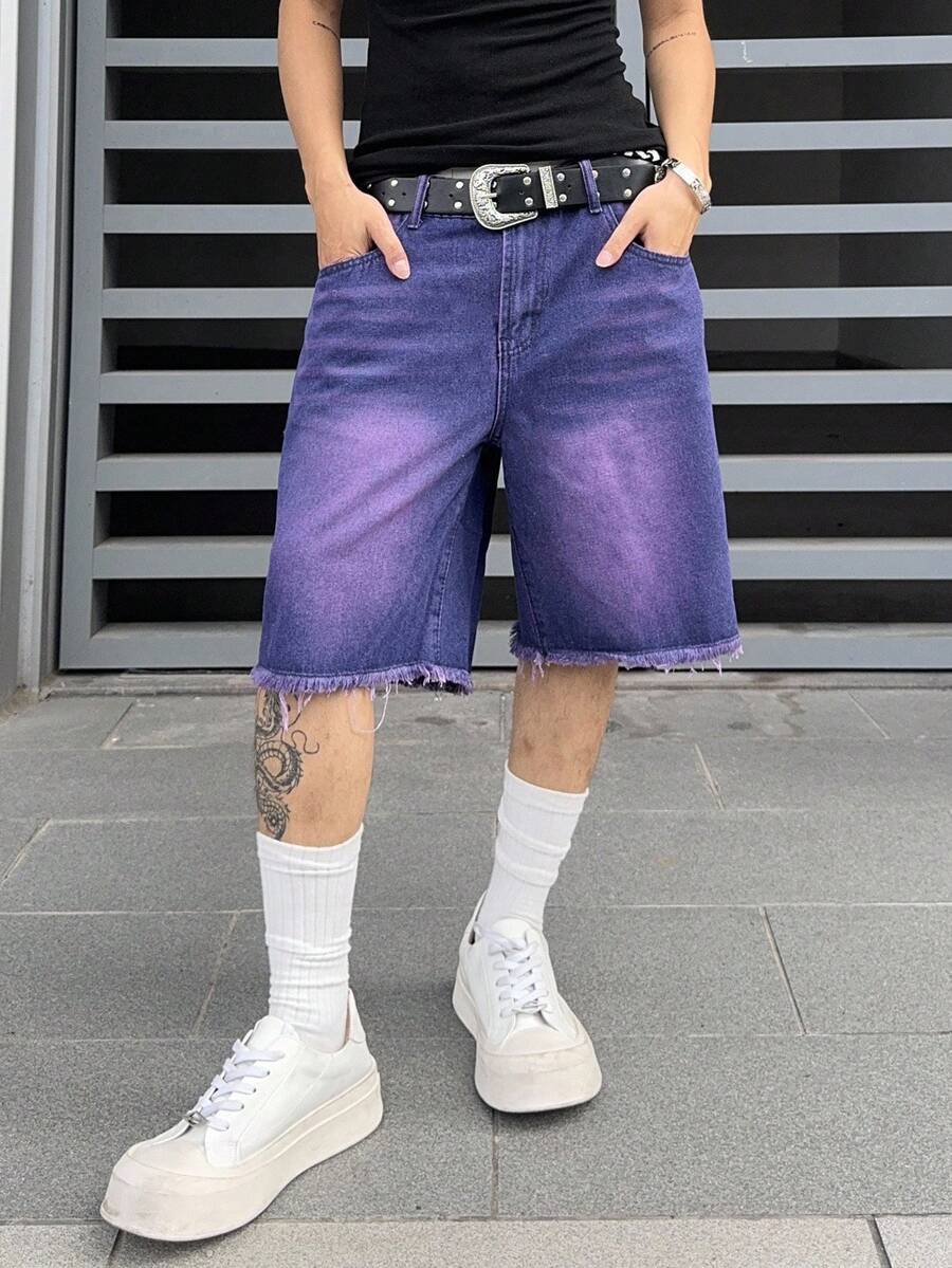 Manfinity Roghcode 男士夏季休闲水洗阔腿牛仔短裤 - 藍色 - 查看 1