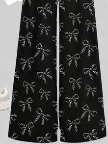 1 Set Conjunto de ropa personalizada de unicolor para niña preadolescente, conjunto informal de sudadera con estampado de leopardo y lazo gráfico con pantalones rectos, conjunto de 2 piezas cómodo de otoño/invierno para niñas