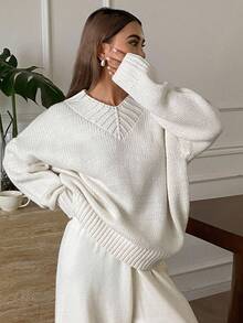 DAZY V-Neck Loose Oversized Sweater For Women Fall/Winter - Beige - View 5