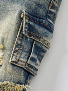 Baby Boy Y2k Retro Vintage Vintage Washed Ripped Frayed Raw Edges Patchwork High Stretch Slim Fit Blue Jeans With Cargo Pocket Fall Winter, Winter - Dark Wash - View 5
