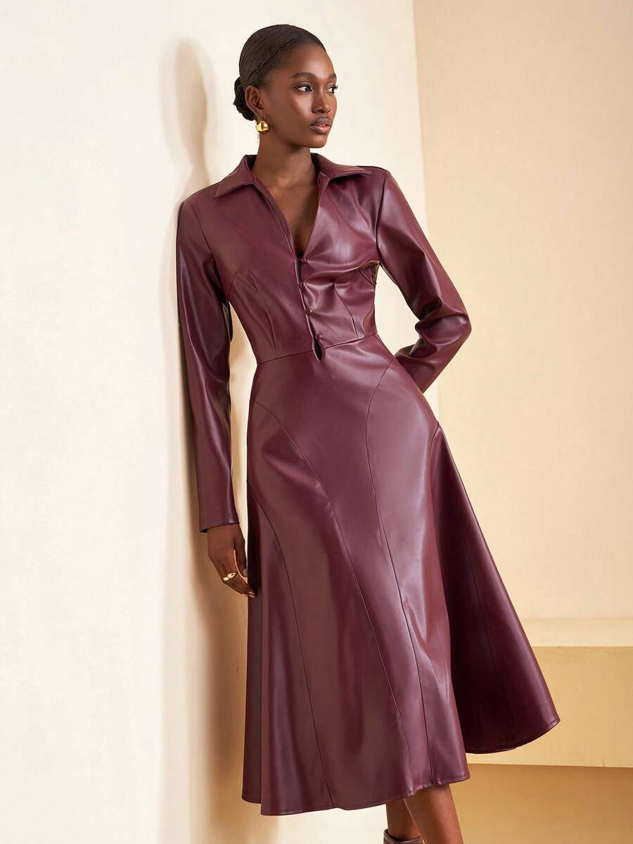 Zivah 2025秋季新品，适合生日派对，聚会，宴会，返校季，学院风，学生装，日常外出，基础百搭，休闲，邮轮旅行，潮流趋势，街头服饰，优雅，通勤，商务休闲，衬衫领，深V领长袖，A字腰，深紫红色PU，秋季中长连衣裙，女装 - 中紫紅色 - 查看 1