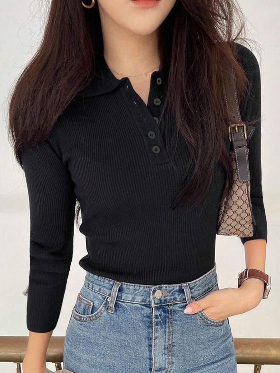 DAZY Women Short Sleeve Sweater, Polo Collar Knit Top With Half-Zip Front Summer Fall - Black - View 1