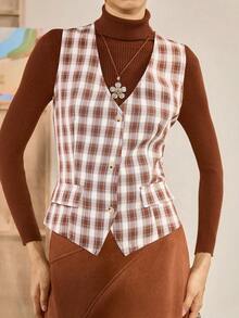SHEIN Unity 女士休闲格子背心，时尚外套夹克，秋季 - 棕色 - 查看 1