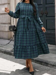 SHEIN 复古花卉格子圆领泡泡袖大码女装连衣裙，女式秋季服装，新年服装，圣诞连衣裙 - 彩色 - 查看 5