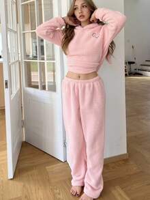 SHEIN Đồ ngủ trùm đầu bằng vải nhung lông có tai thỏ dễ thương dành cho nữ, đồ ngủ dài tay bằng vải nỉ ấm áp, quần áo thu/đông - Hồng - Xem 5