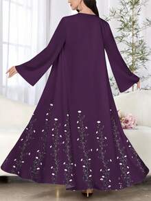 SHEIN Najma Women's Floral Print Purple Casual Long Sleeve Arabic Abaya Robe, Spring/Autumn - Multicolor - View 2