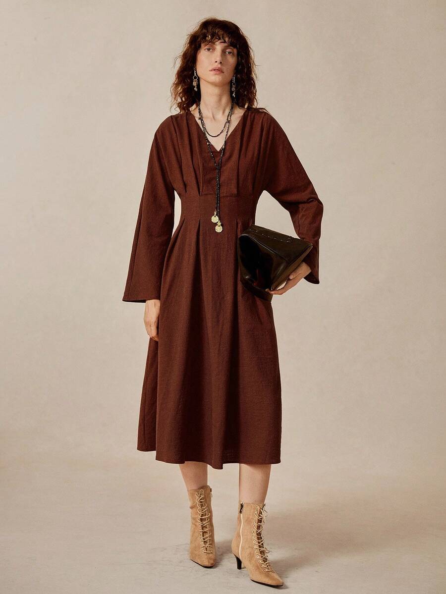 Florisole Women's V-Neck Ruched Cinched Waist Pure Cotton Long Dress With Raglan Sleeves, Suitable For Back To School Season In Autumn - Red - View 1