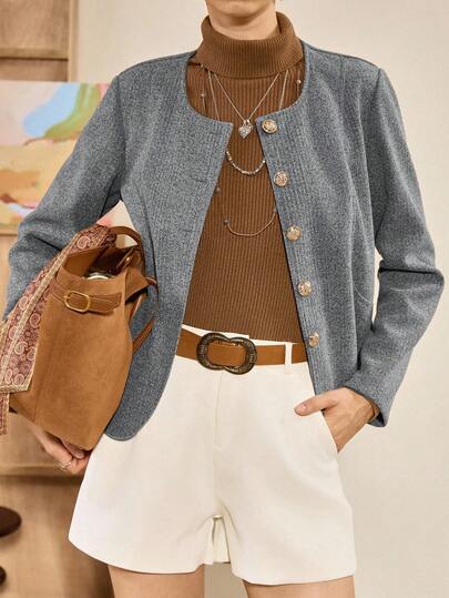 Chiquease 女式纯色长袖单排扣休闲大衣，秋冬