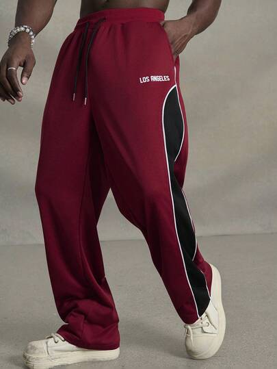 PAVTROS 男士纯色拼布正面字母印花休闲运动裤，外出时尚抽绳宽松拼色运动裤，适合送给老公、男朋友的礼物，适合返校