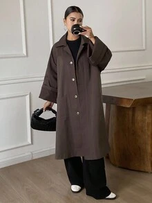DAZY 女式宽松纯色长款腰带口袋翻领休闲优雅风衣，春秋 - 咖啡棕 - 查看 3