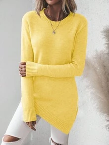 EMERY ROSE Lässiger einfarbiger Pullover mit asymmetrischem Saum und Seitenschlitz, Herbst/Winter - Gelb - Übersicht 6