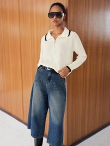 Lumivelle Elegante suéter de cuello redondo con cremallera y manga larga, estilo universitario para dama - Albaricoque - Ver 4