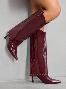 CUCCOO SZL Women's Shark Boots, Pointed Toe, Rivet Decor, Stiletto High Heel, Comfortable & Versatile - Burgundy - View 5