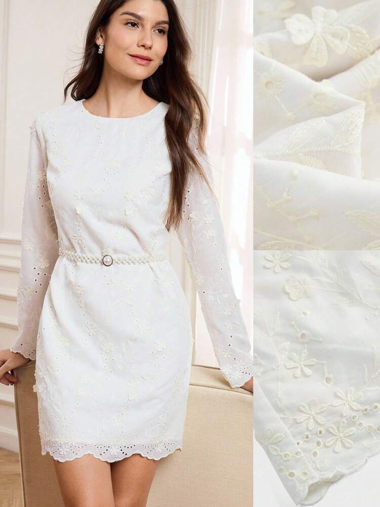 Women's Elegant Embroidered Floral Dress, Fitted Silhouette Dress For Formal Occasions, Autumn/Winter,Women's Fall Dress,Chic Women's Dress,White Dress New Year, Zip-Up Dress