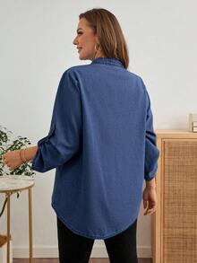 EMERY ROSE Plus Size Women V-Neck Rolled Sleeve Casual Pocket Denim Blouse Blue Shirt Women Oversized Oversized Shirts For Women Musera Plus Size Blue Denim Shirt Women Autumn Plus Size Plus Size Denim Shirt
