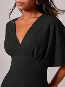 COSMINA Women's Solid Color V-Neck Batwing Short Sleeve Fashionable Mini Dress - Black - View 6