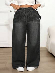 Dripcurv 大码休闲宽松松紧腰直筒牛仔裤，蓝色 - 深灰色 - 查看 3