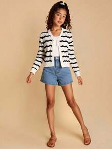 SHEIN Cárdigan de punto versátil a rayas blancas y negras para niña preadolescente