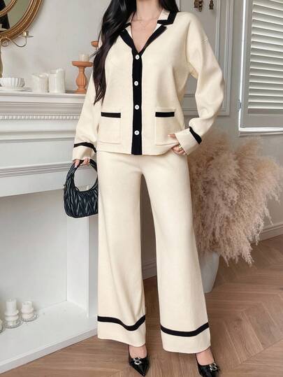 DAZY 女士优雅撞色翻领拼布口袋开衫和阔腿针织裤两件套，秋冬