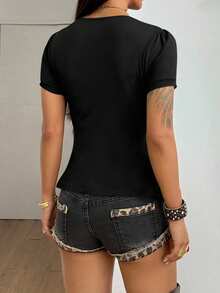 StreetHx Áo thun tay ngắn bo eo màu trơn cho nữ, mùa hè - màu đen - Xem 2