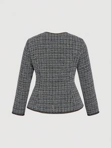 SHEIN MOD Plus Size 2-Piece Women's Tweed Color-Blocked Button Set, Long Skirt Suit, Women's Solid Color Long-Sleeved Single-Breasted Elegant Tweed Blazer, Autumn And Winter Clothes, Polished Silver Button Dec, Tweed Two Piece Set, Office Outfits For Women Set, Tweed Dresses For Women, Classic Outfits For Women, - Black and White - View 9
