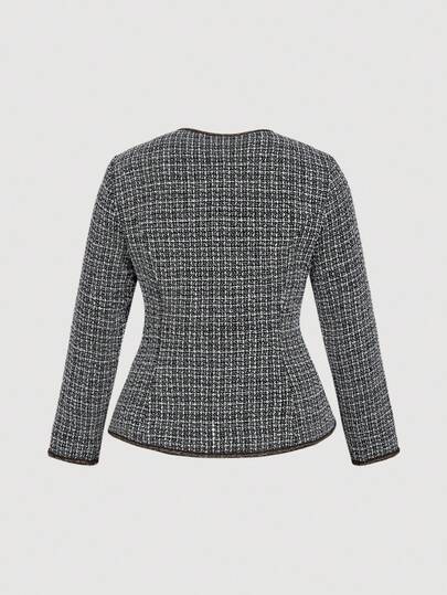 SHEIN MOD Plus Size 2-Piece Women's Tweed Long Skirt Suit,Elegant Dark Green Autumn Formal Single-Breasted Blazer,Office Outfits Set With Polished Buttons